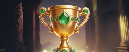 HeroSpin golden trophy with green gem symbolizing achievements