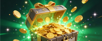 HeroSpin treasure chest filled with gold coins and sparkles