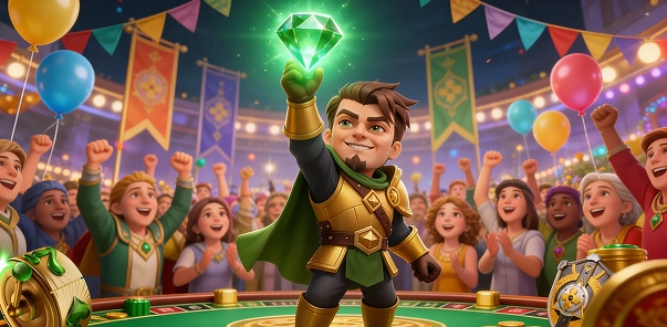 HeroSpin fantasy hero holding glowing emerald in a city celebration