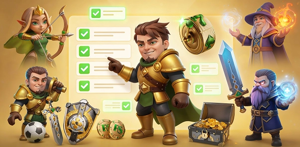 HeroSpin adventure hero character illustration with checklist and coins