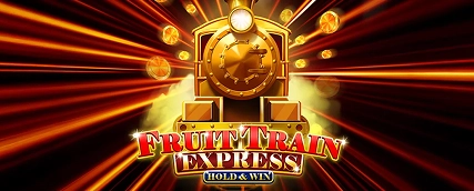 HeroSpin Fruit Train Express slot game banner with golden train and fruits